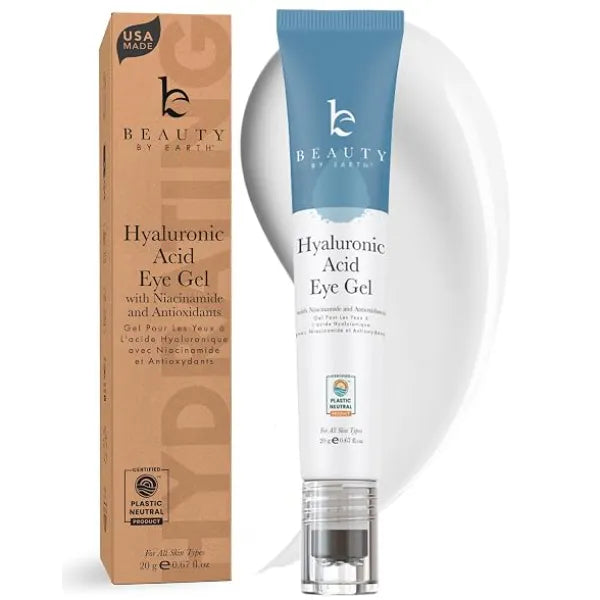 Beauty by Earth Under Eye Cream Cooling Hyaluronic Acid Eye Gel for Dark Circles USA Made with Natural & Organic Ingredients, Anti Aging Cream for Puffiness & Wrinkles