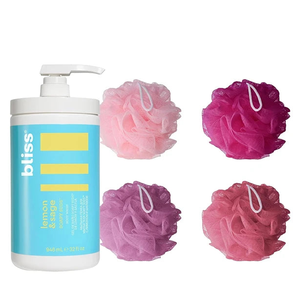 Bliss Lemon and Sage Body Wash + Exfoliating Body Sponges | Shower Cleansing Duo