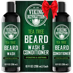 Viking Revolution Tea Tree Oil Beard Wash and Beard Conditioner For Men - Natural Beard Softener Set with Argan Oil, Vitamin E and Ginseng - Tea Tree Beard Shampoo and Conditioner Set (10 Oz)