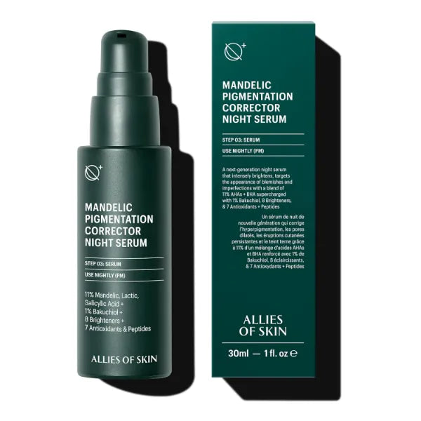 Allies of Skin Mandelic Pigmentation Corrector Night Serum | Gentle Acne Face Serum with Bakuchiol, Niacinamide & Salicylic Acid | Anti-Aging Formula to Reduce Pores and Even Skin Tone (1 oz)