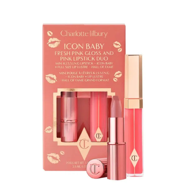 Charlotte Tilbury Icon Baby Lip Duo Kit – Mini K.I.S.S.I.N.G Satin Lipstick & Full-Size High Shine Lip Gloss, Hydrating Long-Lasting Makeup Set for Glossy Lips