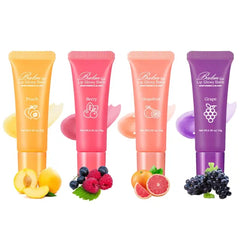 Grospe Lip Glowy Balm (4 Pack) - Vitamin E Fruit Lip Balm Set for Dry Lips - Moisturizing & Plumping Lip Treatment to Reduce Fine Lines & Enhance Color - 4 Flavors