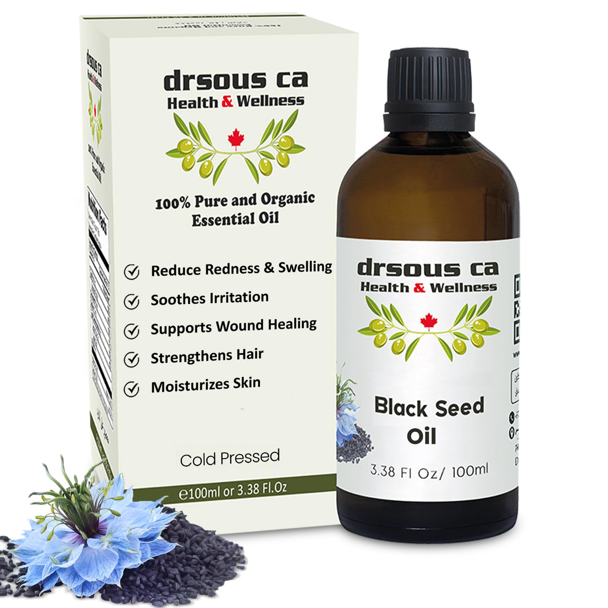Drsous Ca Organic Black Seed Oil 100ml | 100% Pure Cold Pressed Black Cumin Seed Natural and Essential Oil for Hair Growth and Skin care | Glass Bottle, Made in Palestine