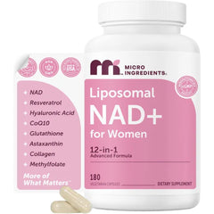 Micro Ingredients Liposomal NAD+ for Women Complex, 180 Veggie Capsules | NMN Pathway Supplement | 12-in-1 Advanced NAD Formula with Resveratrol, Hyaluronic Acid, Glutathione, & Collagen
