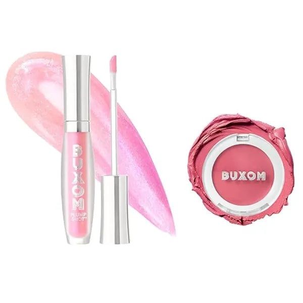 Buxom Plump Shot Collagen Infused Lip Serum in Spellbound Pink Multichrome + Plump Shot Collagen Peptides Plumping Cream Blush, Cream to Powder Blush in shade Tickled Pink