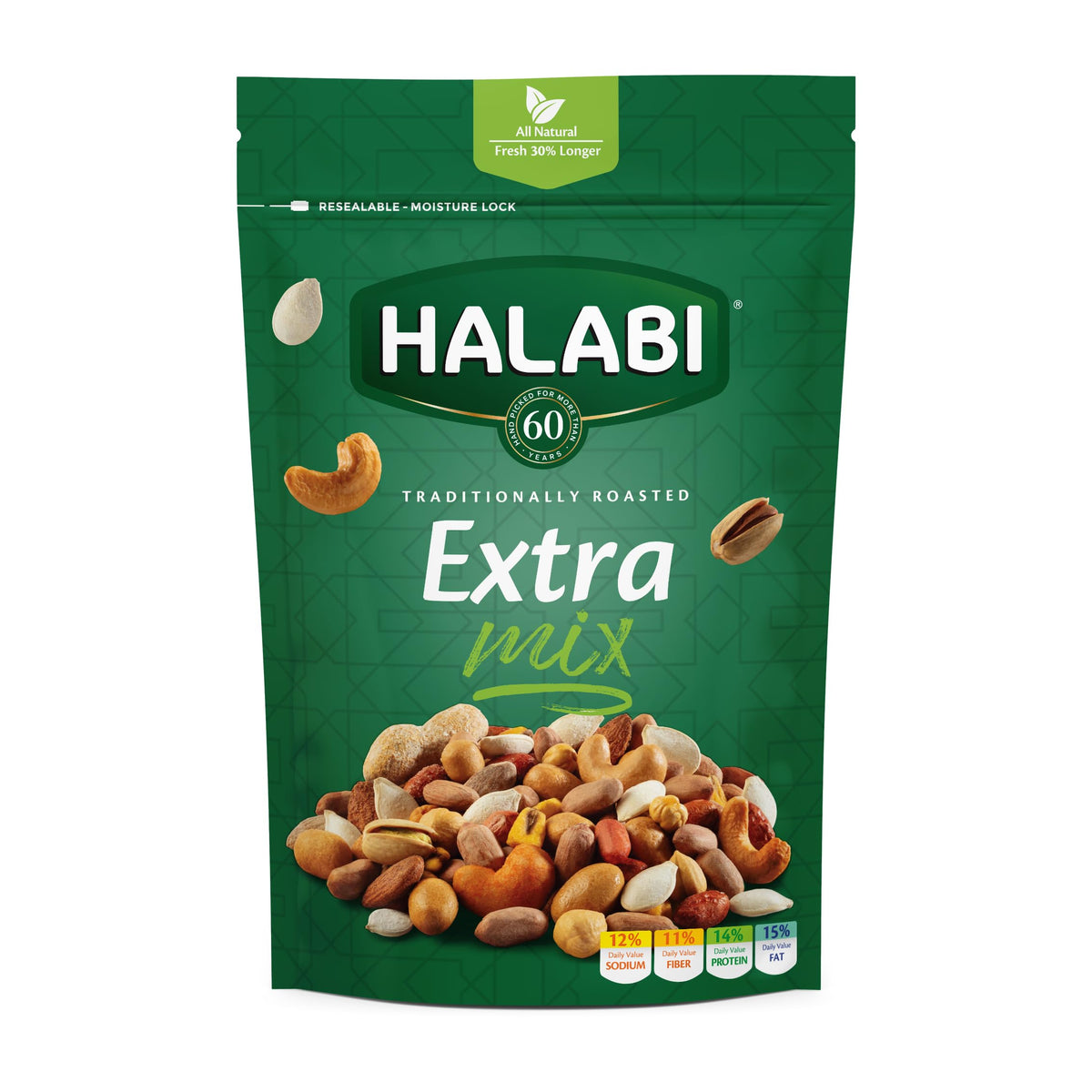 Halabi Extra Mix - Mixed Nuts, Peanuts, Cashews, Pistachios, Almonds, Chickpeas, Pumpkin Seeds, Hazelnuts - Healthy Baked Snacks - Resealable Bag - 300g
