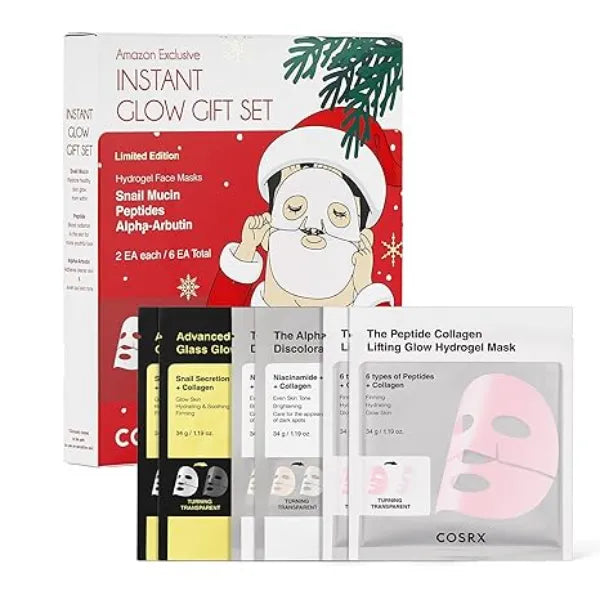 COSRX Glow Boosting Face Mask Limited Holiday Gift Set 6ea, Snail Mucin, 6 Peptides & Alpha-arbutin for Glass skin, Collagen Face Mask
