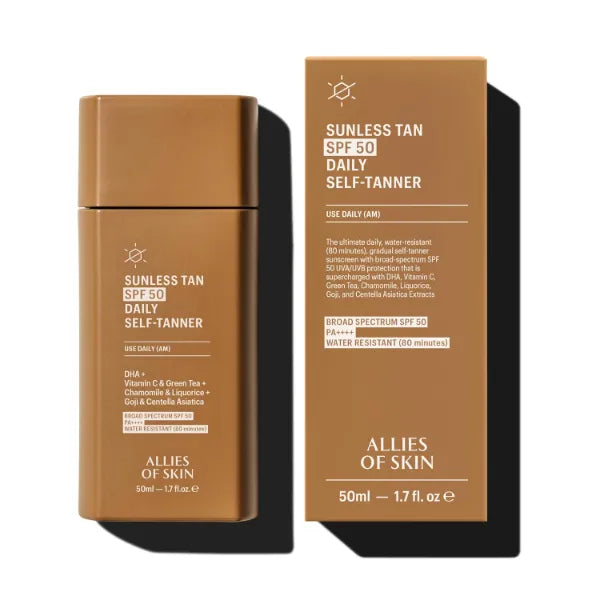 Allies of Skin Daily SPF 50 Daily Self Tanner for Face, Buildable Natural Tan with Sunscreen and Vitamin C | Lightweight Gel Formula for Streak-Free Finish and Glow (1.7 Fl oz)