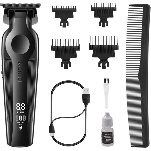 KEMEI Hair Trimmer for Men, Zero Gapped Cordless Hair Clippers Beard Trimmers with T Blade, Rechargeable Barber Clippers with LED Display