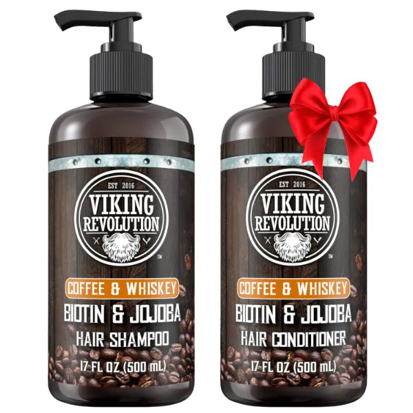 Viking Revolution Coffee Whiskey Mens Shampoo and Conditioner Set with Biotin and Jojoba Oil - Natural Hair Shampoo and Hair Conditioner for Men with Vitamin B5- Shampoo and Conditioner Set Men (17Oz)
