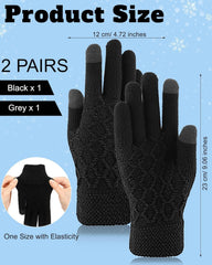 Azonee Winter Thermal Touchscreen Gloves, Warm Knit Gloves for Men Women, Thick Fleece Gloves Cycling Gloves with Soft Lining, Elastic Cuff Windproof Outdoors Gloves 2 Pairs - Black and Grey