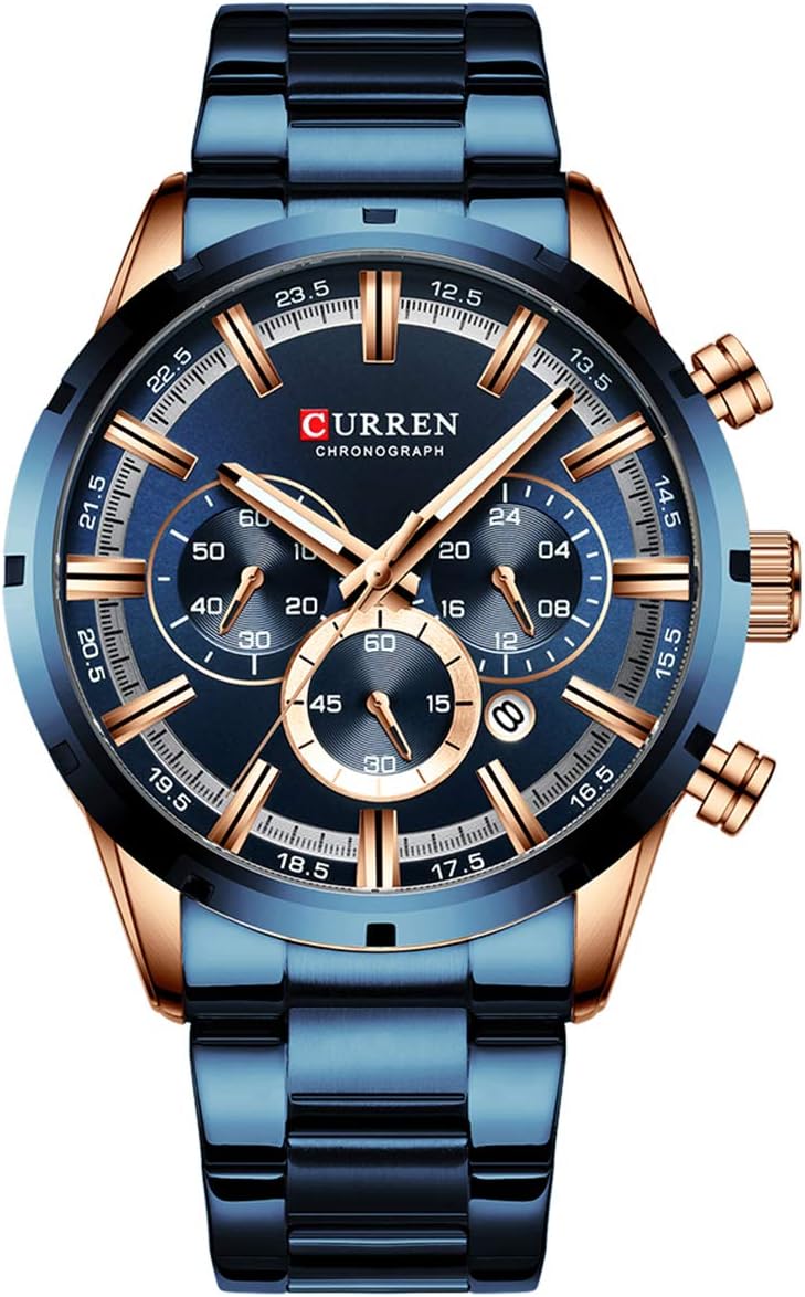 CURREN Business Quartz Men Watch 3ATM Waterproof Large Case Big Dial Luminous Wrist Watch Calendar Minute Second Chronograph 24-Hours Three Sub-Dials Wristwatch with Alloy Strap Band