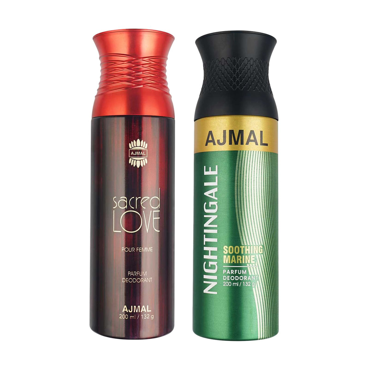 Ajmal Sacred Love for Women and Nightingale for Men & Women Deodorants each 200ML Combo pack of 2 (Total 400ML) + 2 Parfum Testers