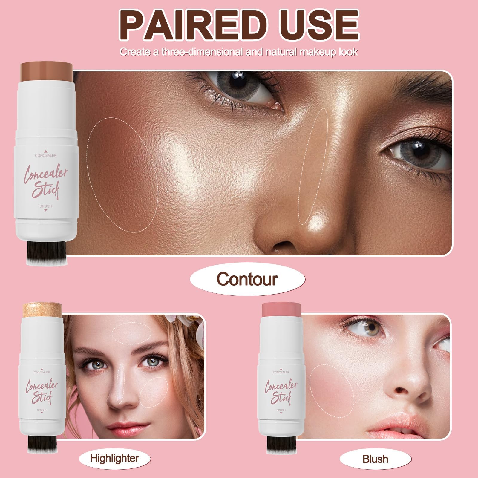 3 Pcs Cream Contour Stick Makeup Kit, Shades with Highlighter Stick, Blush Stick and Bronzer Contour Stick for Brightening, Trimming the Cheeks, Non-greasy, Waterproof Long-lasting Effect (#02,06,09)