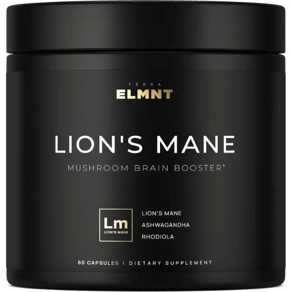 TERRA ELMNT 16x Strength Lions Mane Supplement Capsules Super Nootropic w. Ashwagandha & Rhodiola - Highest Potency 16:1 Lion's Mane Mushroom Extract 50% Polysaccharides Brain Supplements for Memory and Focus