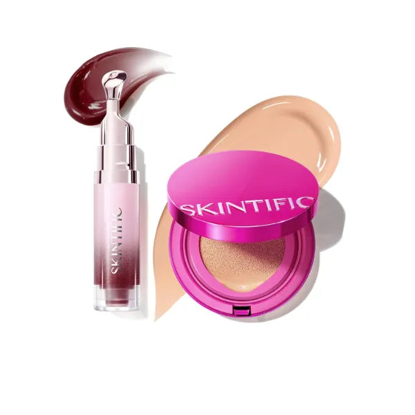 SKINTIFIC Pink Glow Cushion Foundation #03 Petal & Peptide Brightening Lip Serum #10U Toast Brick Set