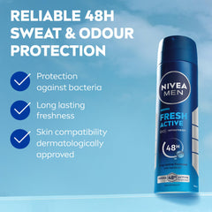 NIVEA MEN Antibacterial Deodorant Spray for Men, Fresh Active, 48H Active Protection, with Infini Fresh Formula, Long-Lasting Freshness, 2x150ml, Dual Pack