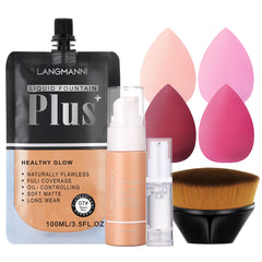 100ml Foundation Liquid Full Coverage 24HR Matte Oil Control Concealer with Makeup Face Primer&Petal-Shaped Cosmetics Brush&Makeup Sponge Blender Set (#6 Natural Beige) Liquid Foundation Set