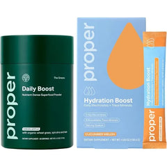 Proper Greens & Hydration Bundle Organic Greens Powder Apple Flavor with Probiotics + Electrolyte Hydration Stick Packets Cucumber Melon