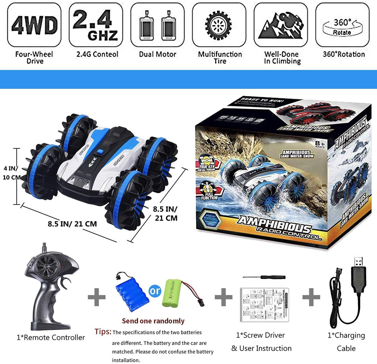 Pussan Car Toys for 5-12 Year Old Boys Amphibious Remote Control Car for Kids 2.4 GHz RC Stunt Car for Boys Girls 4WD Off Road Monster Truck Teen Gifts Remote Control Boat Beach Toy SLC Blue