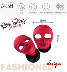 ARSH Red Skull Ear Plugs with 03 Sizes Tips S/M/L and Smart Carry Case for Sleeping Noise Cancelling Reusable Super Soft Earbuds Ear plugs for Sleeping Noise Reduction in Flights Concerts Silicone