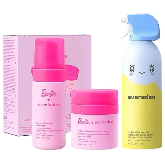 Evereden Happy Face DUO Barbie Edition & Cloud Body Wash Juicy Citrus Set  Multi Vitamin Kids Face Wash & Cream, Fun Foamy Toddler Body Wash, & Barbie Gift Bundle  Gentle, Clean, & Vegan