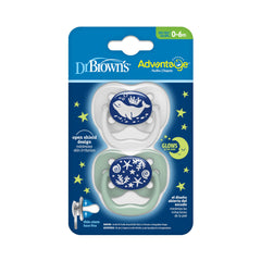 Dr. Brown's Advantage Glow-in-the-Dark Baby Pacifier, Fully Symmetrical Soother with Soft Silicone Bulb, 0-6m, BPA Free, Blue Ocean, 2 Pack (Style May Vary)