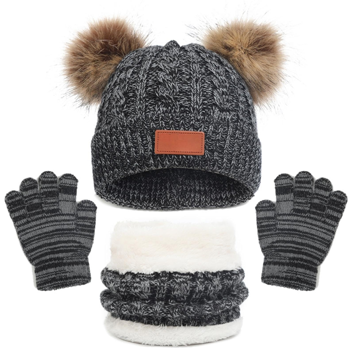 Kids Winter Hat Gloves Scarf Set for 2-6 Years Old - Warm Knit Pompom Beanie Cap Neck Warmer Gloves, Winter Warm Knitted Beanie Hat Scarf Gloves Set, Pure Plush - Black