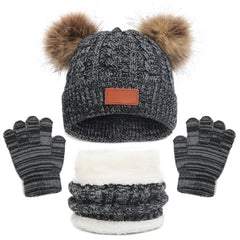 Kids Winter Hat Gloves Scarf Set for 2-6 Years Old - Warm Knit Pompom Beanie Cap Neck Warmer Gloves, Winter Warm Knitted Beanie Hat Scarf Gloves Set, Pure Plush - Black