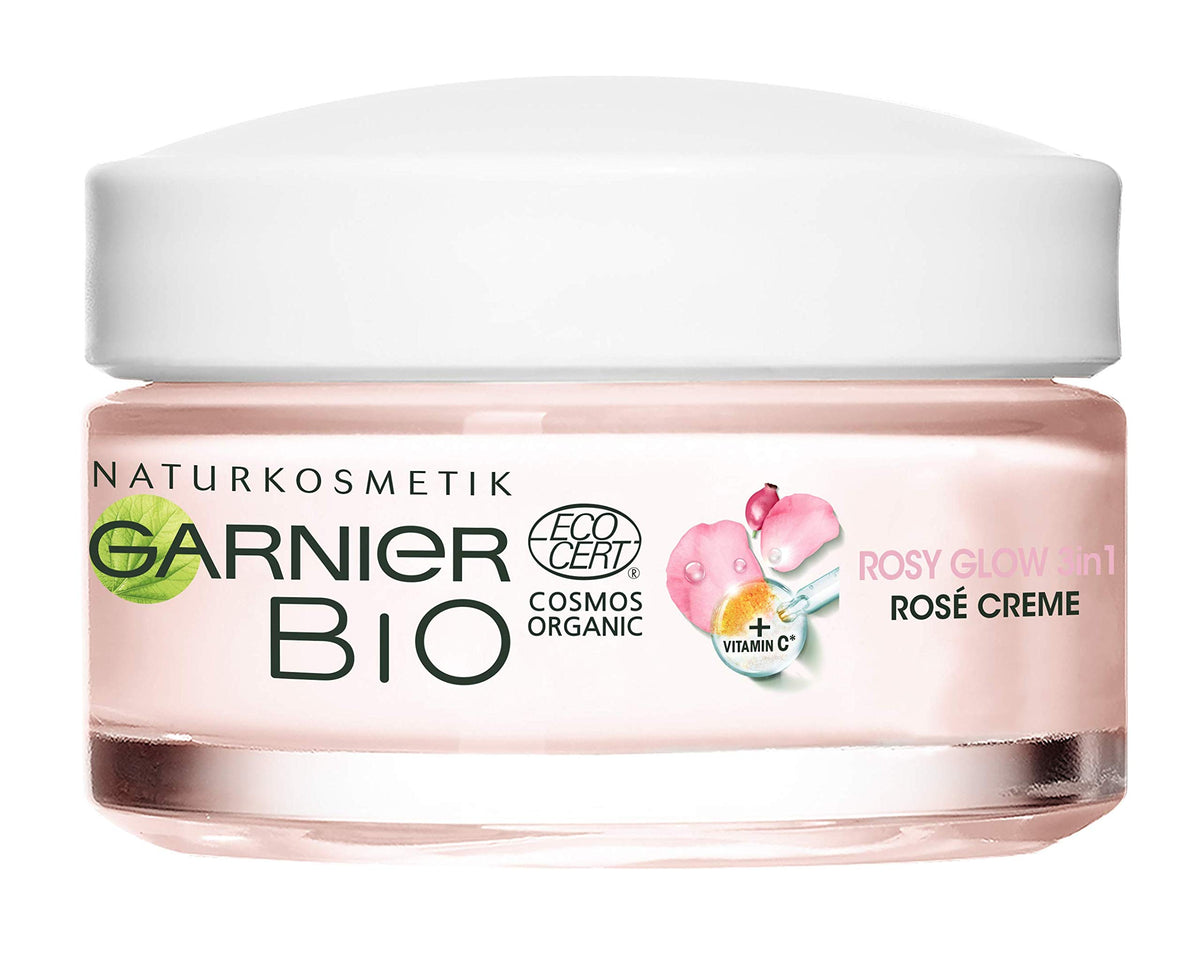Garnier Bio Rosy Glow 3 in 1 Face Cream for Tired and Dull Skin Gives Skin a Youthful Glow Nourishes and Strengthens Skin with Organic Rose Oil and Vitamin C, 50 ml