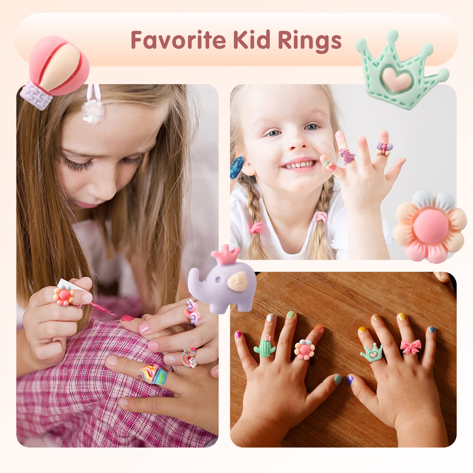 24 pcs Little Girl Adjustable Rings in Box, Jewelry Rings Gem Rings Set, Girl Pretend Play and Dress up Rings for Kids, A Variety of Rings Styles No Duplication