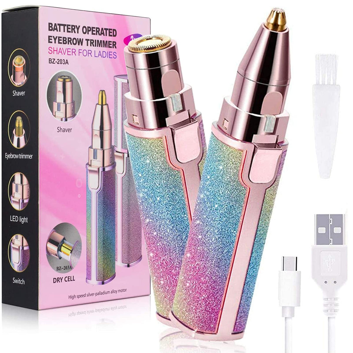 AWH Eyebrow Trimmer Facial Hair Remover for Women, Rechargeable Body Face Hair Shaver Razor USB Electric Remover Nose Lips Armpit Bikini Painless Built-in LED Light Lady Gift (Rainbow 1 Pack 2 Heads)