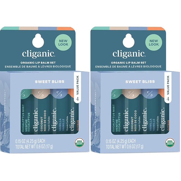 Cliganic Organic Lip Balm Set - 4 Flavors - Natural Hydrating for Cracked & Dry Lips (Pack of 2)