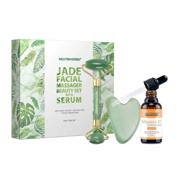Neutriherbs Jade Gua Sha & Face Roller & Vitamin C Serum Facial Tool Set(3 in 1 Kit), Home Face Massager for Wrinkle,Fine Line,Puffiness,Firm Smooth Relax Skin