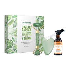 Neutriherbs Jade Gua Sha & Face Roller & Vitamin C Serum Facial Tool Set(3 in 1 Kit), Home Face Massager for Wrinkle,Fine Line,Puffiness,Firm Smooth Relax Skin
