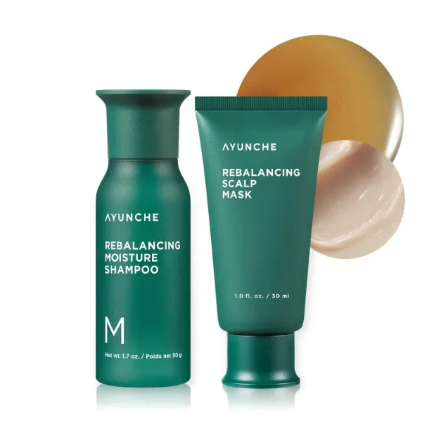 AYUNCHE Rebalancing Shampoo Moist 1.5 fl. oz. + Hair Mask 1 fl. oz. Mini Kit | For Dry Scalp | Soft & Moisturizing Cleansing Shampoo | Anti-Hair Loss & Thinning | Korean Salon Brand