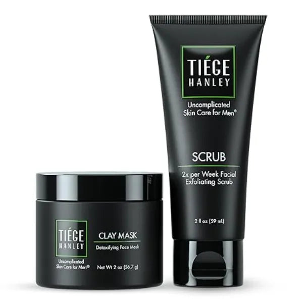 Tiege Hanley Mens Detoxifying Facial Clay Mask & Exfoliating Face Scrub Set, Detox Bundle Deep Pore Cleansing Facial & Body Mask Facial Scrub Exfoliator for Men that Reduces Appearance of Pores