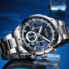 CURREN Herren-Armbanduhr Sport Quarz Chronograph Armbanduhr mit Leuchtzeigern Mode Edelstahl Uhr Datum - silver blue