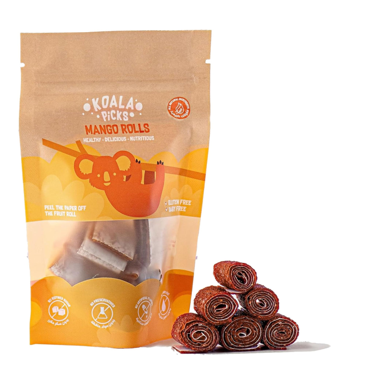 Koala Picks Fruit Rolls, Mango Rolls, Free from Artificial Flavor, Preservatives, Transfat, Gluten, Dairy & Refined Sugar, Healthy Snack for Kids & Adults - 66g, 12pcs