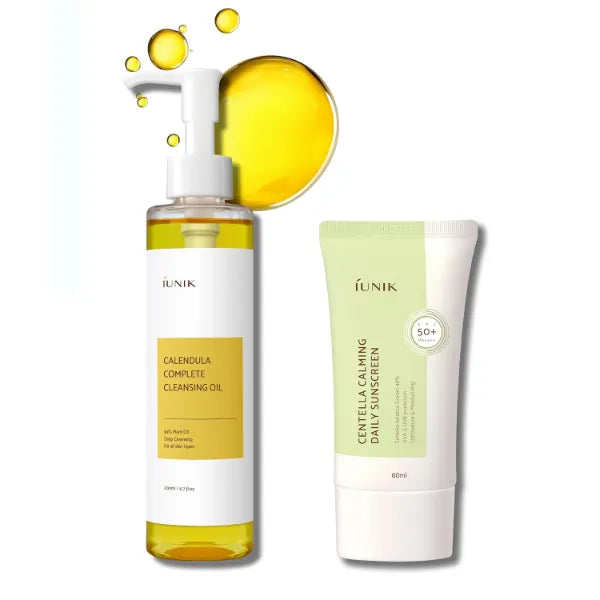 IUNIK Centella Calming Moisture Daily Sunscreen SPF 50+ PA++ Matte & No White Cast Centella Asiatica w/ Calendula Cleansing Oil Kit