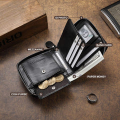 Mens Genuine Leather Zipper Wallet RFID Secure Large Capacity Double Fold Multi-card Leather Wallets for Men and coin purse (Vintage leather black)