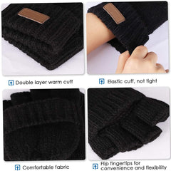 Winter Gloves, Convertible Wool Mittens for Men and Women, Warm Thermal Knit Flip Top Snow Glove for Cold Weather - Black
