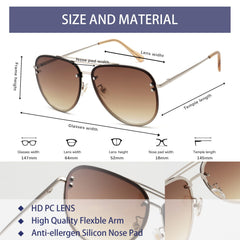 VIVIENFANG Premium Rimless Oversized Aviator Sunglasses for Women, Polarized PC Lens UV Protection Womens Shade VF2203