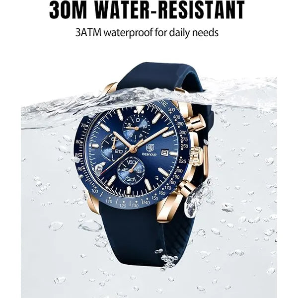 Men's Quartz Chronograph Watch Waterproof Luminous Sport and Business Wristwatch with Silicone Strap Elegant Timepiece for Work and Casual Wear