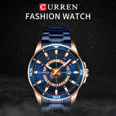 CURREN Men Watches Waterproof Analog Quartz Watch Business Stainless Steel Band Calendar Wrist Watch - Blue
