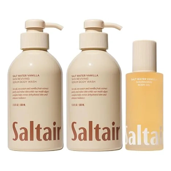 Saltair Body Oil and 2 Pack Body Wash Set Moisturizing Cleanser and After Shower Skincare Duo Salt Water Vanilla Scent