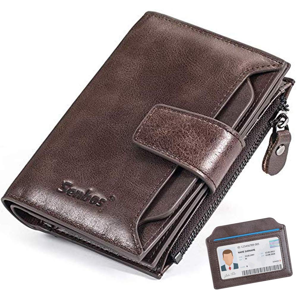 Senbos Wallet Mens, RFID Blocking Genuine Leather Wallet for Men with 18 Credit Card Slots, 2 Banknote Compartments, 1 Zipper Pocket and Removable ID Card Holder, Classic Vertical Wallet with Gift Box - Brown