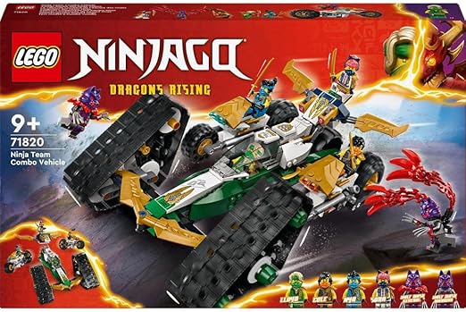 LEGO NINJAGO Ninja Team Combo Vehicle 4-in-1 Ninja Adventure Toy, with 2 Motorbikes, Glider and 6 Minifigures Incl. Characters Lloyd, Nya and Cole, Birthday Gift for 9 Plus Year Old Boys & Girls 71820