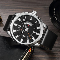 Curren 8245 Casual Men Analog Dial Watch With Quartz 3 Dials Waterproof Leather Strap Watch - Black
