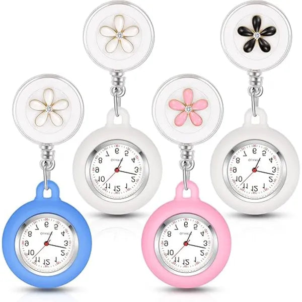 Retractable Nurse Watches Clip-on Hanging Fob Portable Pocket Watch with Cute Flower Pattern Lapel Watches for Nurses Doctors with Silicone Cover